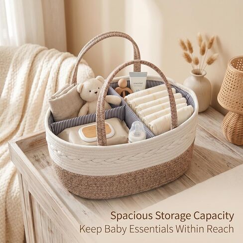 Baby Diaper Caddy Organizer with Removable Compartments, 14.2"L x 7"W x 8.7"H, 100% Handmade Woven Cotton Rope, Portable Nursery Storage Basket for Car and Changing Table, Shower Newborn Gift in Kuwait