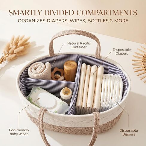 Baby Diaper Caddy Organizer with Removable Compartments, 14.2"L x 7"W x 8.7"H, 100% Handmade Woven Cotton Rope, Portable Nursery Storage Basket for Car and Changing Table, Shower Newborn Gift in Kuwait