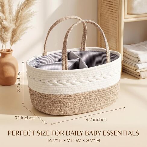Baby Diaper Caddy Organizer with Removable Compartments, 14.2"L x 7"W x 8.7"H, 100% Handmade Woven Cotton Rope, Portable Nursery Storage Basket for Car and Changing Table, Shower Newborn Gift in Kuwait