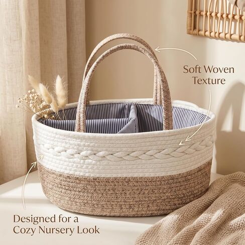 Baby Diaper Caddy Organizer with Removable Compartments, 14.2"L x 7"W x 8.7"H, 100% Handmade Woven Cotton Rope, Portable Nursery Storage Basket for Car and Changing Table, Shower Newborn Gift in Kuwait