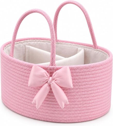 Hushee Pink Bow Baby Diaper Caddy Organizer Bag Basket for Newborn | Large Capacity, Portable with Handle, Multi-compartment, Suitable for Nurseries, Sturdy and Easy to Clean, New Mom Gift in Kuwait