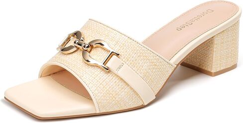 Women's Raffia Heeled Sandals Low Block Square Open Toe Metal Chain Mules Slip on Slides in Kuwait