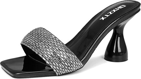 Women's Square Open Toe Kitten Heel Mules, Rhinestone Sandals | Metallic PU Slides & 3.15 IN Block Square Heels: Non-Slip Rubber Outsole, Easily for Wedding, Party or Work. in Kuwait