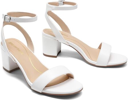 DREAM PAIRS Women's Low Chunky Heels Sandals,White/Pu,7 | Round Open Toe Heels, Ankle Strap, Block heels, Dress Summer Shoes for Wedding Party Daily in Kuwait