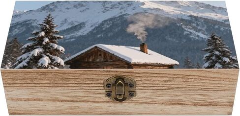 Snowy Cabin Smoke Wooden Storage Box with Hinged Lid for Photo | Wood Keepsake Box, Dustproof Storage Box, Decorative Treasure Chest, Memory Box for Crafts Coins Stamps Letters Jewelry in Kuwait