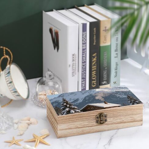 Snowy Cabin Smoke Wooden Storage Box with Hinged Lid for Photo | Wood Keepsake Box, Dustproof Storage Box, Decorative Treasure Chest, Memory Box for Crafts Coins Stamps Letters Jewelry in Kuwait