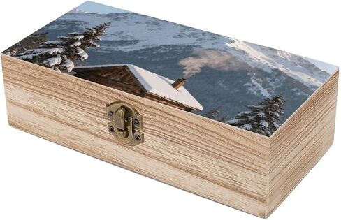 Snowy Cabin Smoke Wooden Storage Box with Hinged Lid for Photo | Wood Keepsake Box, Dustproof Storage Box, Decorative Treasure Chest, Memory Box for Crafts Coins Stamps Letters Jewelry in Kuwait