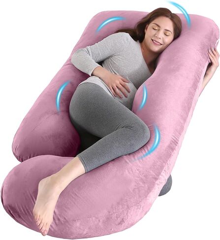U-Shaped Pregnancy Pillow for Sleeping, Full Body Support for Back, HIPS & Belly -65 Inch Maternity Pillow with Machine Washable Cover | Maternity Essential (Velvet Pink-65inch) in Kuwait