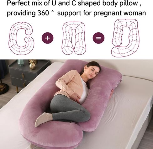 U-Shaped Pregnancy Pillow for Sleeping, Full Body Support for Back, HIPS & Belly -65 Inch Maternity Pillow with Machine Washable Cover | Maternity Essential (Velvet Pink-65inch) in Kuwait
