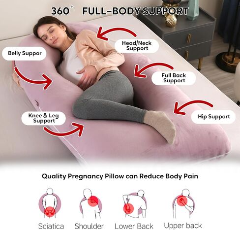 U-Shaped Pregnancy Pillow for Sleeping, Full Body Support for Back, HIPS & Belly -65 Inch Maternity Pillow with Machine Washable Cover | Maternity Essential (Velvet Pink-65inch) in Kuwait