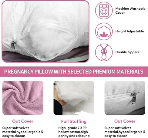 U-Shaped Pregnancy Pillow for Sleeping, Full Body Support for Back, HIPS & Belly -65 Inch Maternity Pillow with Machine Washable Cover | Maternity Essential (Velvet Pink-65inch) in Kuwait