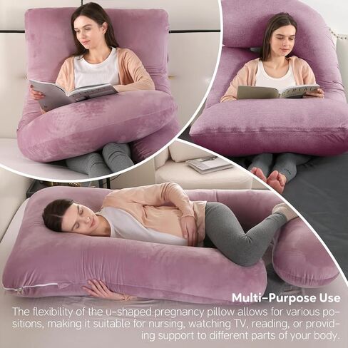 U-Shaped Pregnancy Pillow for Sleeping, Full Body Support for Back, HIPS & Belly -65 Inch Maternity Pillow with Machine Washable Cover | Maternity Essential (Velvet Pink-65inch) in Kuwait