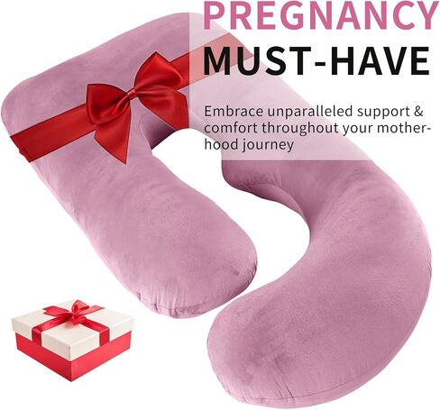 U-Shaped Pregnancy Pillow for Sleeping, Full Body Support for Back, HIPS & Belly -65 Inch Maternity Pillow with Machine Washable Cover | Maternity Essential (Velvet Pink-65inch) in Kuwait