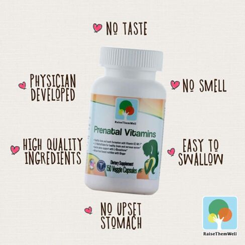 Raise Them Well Prenatal Multivitamin with Methylfolate, K2 MK-7, Glutathione & Iron, Physician Developed, Non-GMO, Supports Healthy Pregnancy, Brain & Bone Development, 150 Veggie Capsules in Kuwait