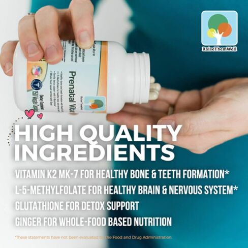 Raise Them Well Prenatal Multivitamin with Methylfolate, K2 MK-7, Glutathione & Iron, Physician Developed, Non-GMO, Supports Healthy Pregnancy, Brain & Bone Development, 150 Veggie Capsules in Kuwait