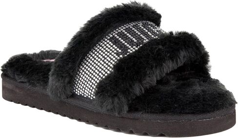 Juicy Couture Women's Luxe Faux Fur Slide Slippers with Embellished Strap, Cozy Indoor/Outdoor Fuzzy Slip-On Sandals in Kuwait