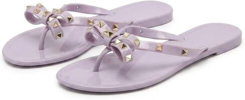 Womens Studded Bow Flip Flops Flat Jelly Sandals Non Slip Summer Shoes | Durable PVC Flat Jelly Sole Offers Safe Grip Cute Studded Bow Flip Flops Fit Casual Summer Outdoor in Kuwait