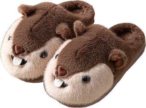 Squirrel plush cotton slippers winter indoor anti slip thick soled warm shoes cartoon animal cotton slippers couple home anti slip woolen shoes in Kuwait