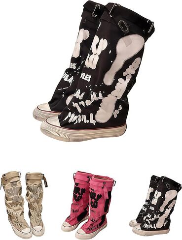 Women's Graffiti Print Canvas Knee-High Boots with Buckle, Round Toe | Graffiti Print Canvas Upper; Knee-High Buckle Design; Round Toe; Breathable Lining; Distressed Sole; Versatile Styling in Saudi Arabia