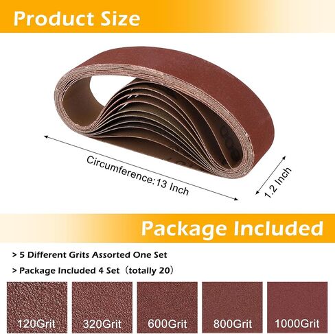 20 Pcs 1.2" x 13" Replacement Sharpening Sanding Belt Kit for Belt Sander | 4 Each of 120/320/600/800/1000 Grits Aluminum Oxide Sanding Belt for Belt Sander Knife Sharpening Wood Metal Polishing in Kuwait