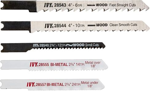 IVY Classic 28568 Assorted U-Shank Jig Saw Blade Set, Cuts Metal and Wood, Bi-Metal and HSS, 5/Card in Kuwait