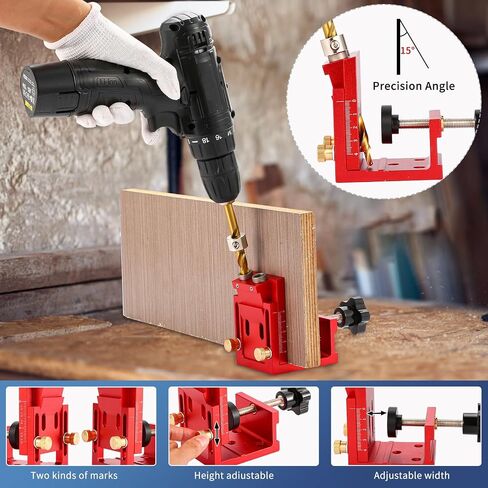 Pocket Hole Jig Kit - Metal Drilling Locator - Woodworking Joint Angle Guide Tool - Pocket Screw Jig System with Depth Setting Collar and 2 Carbon Steel Drill Bit (Pocket Hole Jig Kit) in Kuwait