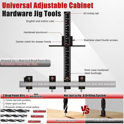 Cabinet Hardware Jig, Cabinet Handle Jig with Center Punch and Drill Bits | Aluminum Adjustable Drill Guide Template Tool for Door, Drawer Handles and Pulls in Kuwait