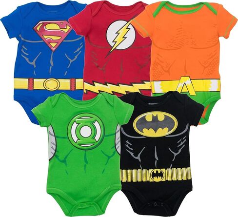Justice League Baby Boys' 5 Pack Superhero Bodysuits - Batman Superman The Flash Aquaman & Green Lantern (3-6M) in Kuwait