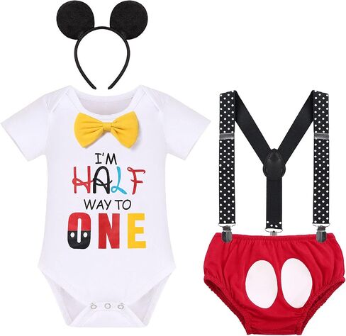 Baby Boy Half Way To One Birthday Cake Smash Outfit Romper+Diaper Cover+Suspenders+Headband 4pcs Set Photo Shoot in Kuwait