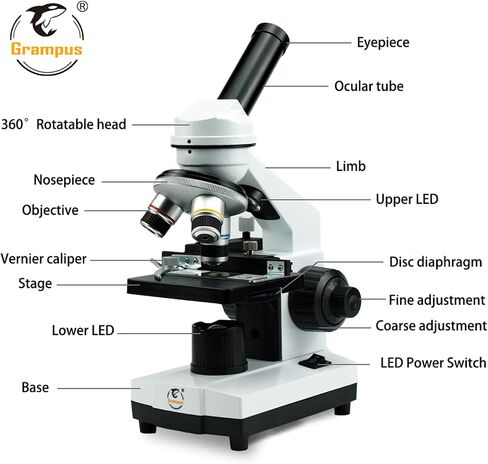 Grampus Achromatic Compound Minocular Microscope 40X-2000X, Dual LED Illumination, 10 Prepared Slides, 100 Cover Slips and Experiment Kit Offered for Kids Students Adults and Children in Kuwait