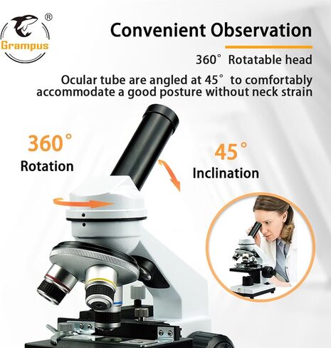 Grampus Achromatic Compound Minocular Microscope 40X-2000X, Dual LED Illumination, 10 Prepared Slides, 100 Cover Slips and Experiment Kit Offered for Kids Students Adults and Children in Kuwait