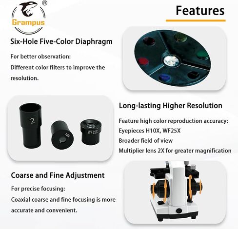 Grampus Achromatic Compound Minocular Microscope 40X-2000X, Dual LED Illumination, 10 Prepared Slides, 100 Cover Slips and Experiment Kit Offered for Kids Students Adults and Children in Kuwait