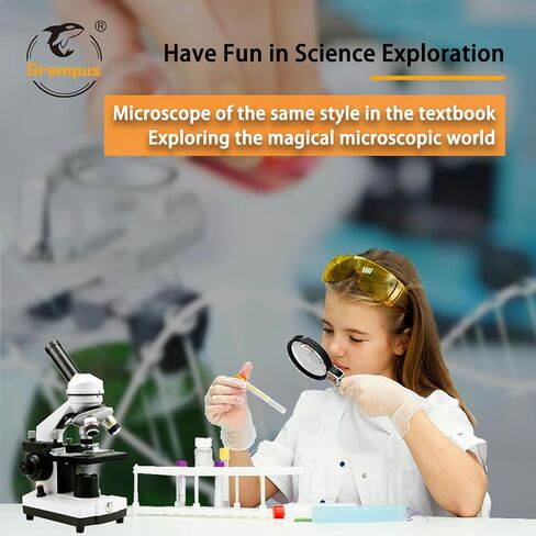 Grampus Achromatic Compound Minocular Microscope 40X-2000X, Dual LED Illumination, 10 Prepared Slides, 100 Cover Slips and Experiment Kit Offered for Kids Students Adults and Children in Kuwait
