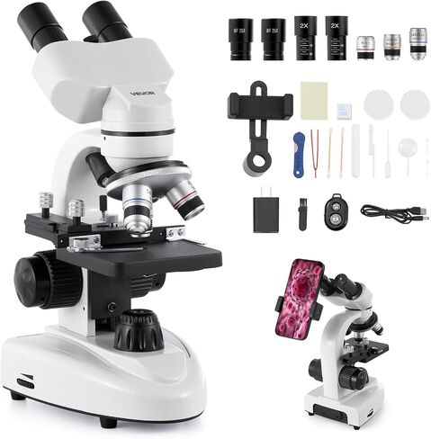 VEVOR Binocular Microscope, 40-5000X Magnification, Professional Compound Microscope for Adult with Dual Stage and Two Sets of Eyepieces, Aluminum Alloy Body, Includes LED Light and Phone Holder in Kuwait