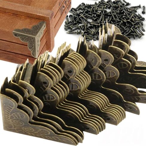 12Pcs/Set Wooden Box Metal Edge Corners Guard Cover with Screws DIY Wood Case Furniture Decorative Vintage Carved Corners,2.5x2.5cm in Kuwait