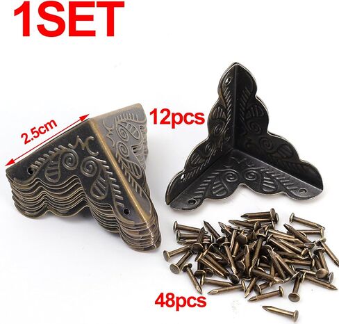 12Pcs/Set Wooden Box Metal Edge Corners Guard Cover with Screws DIY Wood Case Furniture Decorative Vintage Carved Corners,2.5x2.5cm in Kuwait