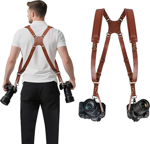 JUNART Camera Strap,Leather Dual Camera Harness with Shoulder Widening Stress Relief, for Two DSLR/SLR Cameras in Kuwait
