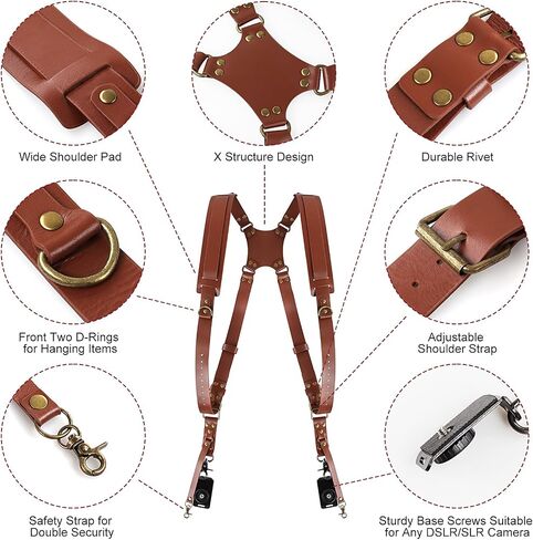 JUNART Camera Strap,Leather Dual Camera Harness with Shoulder Widening Stress Relief, for Two DSLR/SLR Cameras in Kuwait