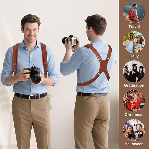 JUNART Camera Strap,Leather Dual Camera Harness with Shoulder Widening Stress Relief, for Two DSLR/SLR Cameras in Kuwait