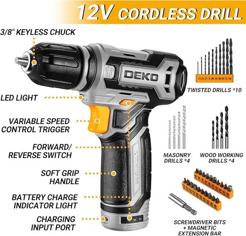 Power Drill Tool Set Kit: DEKOPRO Cordless Drill Tool Box with 12V Battery Electric Drill Driver for Home Hand Repair Power Tools Sets Drills Case in Kuwait