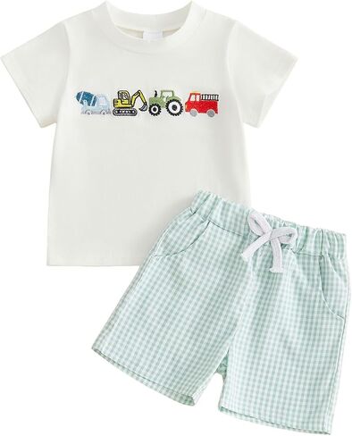 Toddler Baby Boy Construction Clothes Excavator Embroidery Short Sleeve T-Shirt Top Plaid Shorts Set Summer Outfits in Kuwait