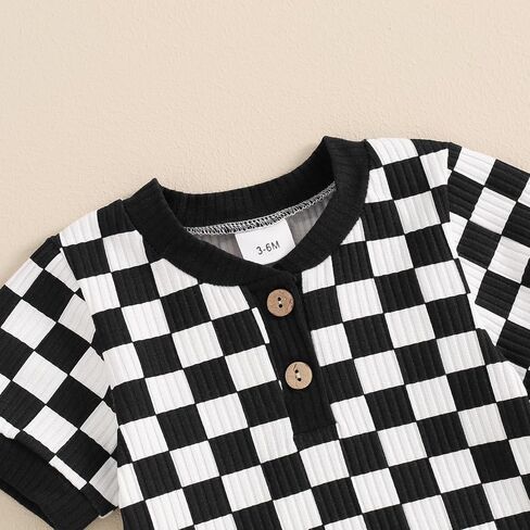 MA&BABY Newborn Baby Boy Girl Clothes 3 6 9 12 18 Months Ribbed Knit Short Sleeve Romper Shorts Set Infant Summer Outfits (Checkered- Black, 6-9 Months) in Kuwait