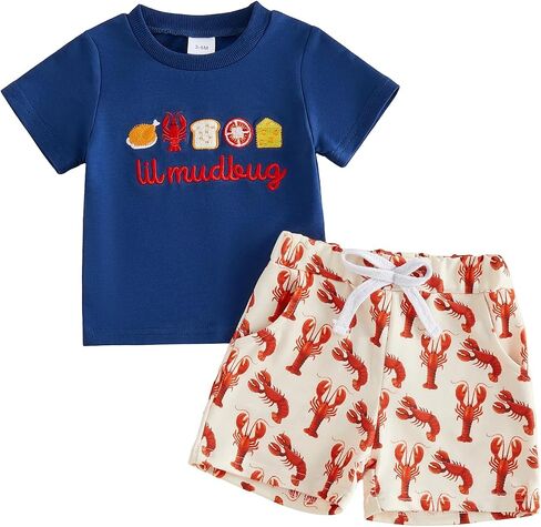 Toddler Baby Boy Summer Outfit Crawfish T-shirt Tops Plaid Shorts Set | Baby Boy Lobster Outfit Short Sleeve Shirts And Elastic Waist Shorts 2Pcs Beach Clothes for Boys 0-7 Years Old in Kuwait