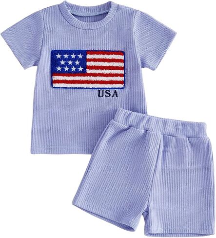 Karuedoo Toddler Baby Boy 4th of July Outfit American Flag Embroidery Waffle Knit Short Sleeve T Shirt Tops Shorts Set in Kuwait