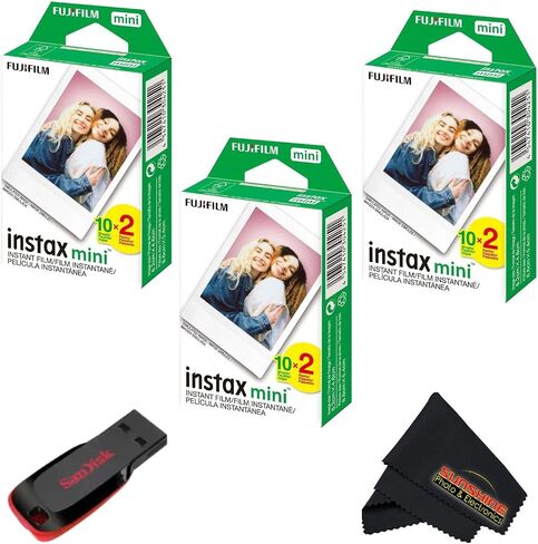 Fujifilm Instax mini Instant Daylight Film (Twin Packs + 32 GB USB Flash Drive) with Sunshine Photo Microfiber Cleaning Cloth... (6 Twin Packs + 32 GB USB Drive) in Kuwait