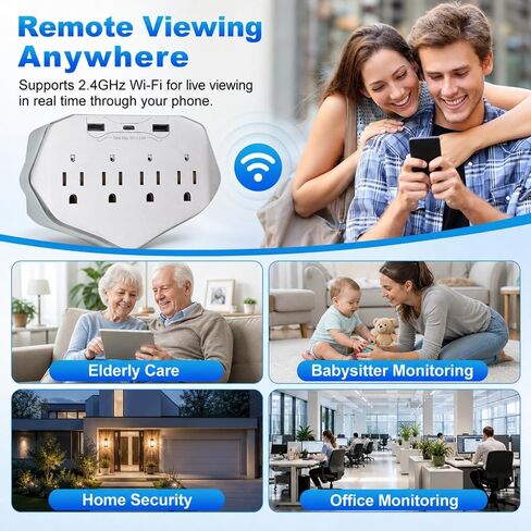 1080P WiFi Indoor Home Security Camera, Multi Outlet Wall Charger | with 4 AC Ports, USB & Type-C, Motion Detection, Loop Recording, Remote View for Home Surveillance in Kuwait
