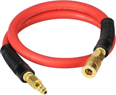 YOTOO Heavy Rubber Short Air Hose 3/8-Inch by 3-Feet, 300 PSI Lead in Air Compressor Hose, Kink Resistant, All-Weather Flexibility with 1/4-Inch Brass Male Fittings, Bend Restrictors, Red in Kuwait