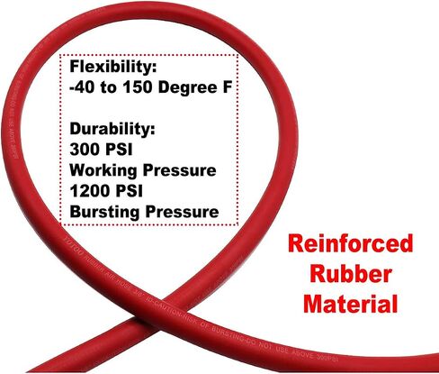 YOTOO Heavy Rubber Short Air Hose 3/8-Inch by 3-Feet, 300 PSI Lead in Air Compressor Hose, Kink Resistant, All-Weather Flexibility with 1/4-Inch Brass Male Fittings, Bend Restrictors, Red in Kuwait