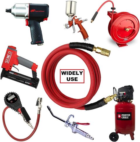 YOTOO Heavy Rubber Short Air Hose 3/8-Inch by 3-Feet, 300 PSI Lead in Air Compressor Hose, Kink Resistant, All-Weather Flexibility with 1/4-Inch Brass Male Fittings, Bend Restrictors, Red in Kuwait
