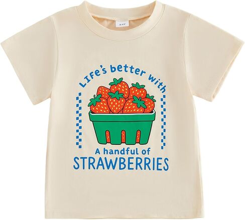 Toddler Girls Boys Tee Strawberry Print T-Shirt Kids Short Sleeve Fruit Vegetable Shirt Cute Summer Top Clothes (Ivory, 4-5 Years) in Kuwait